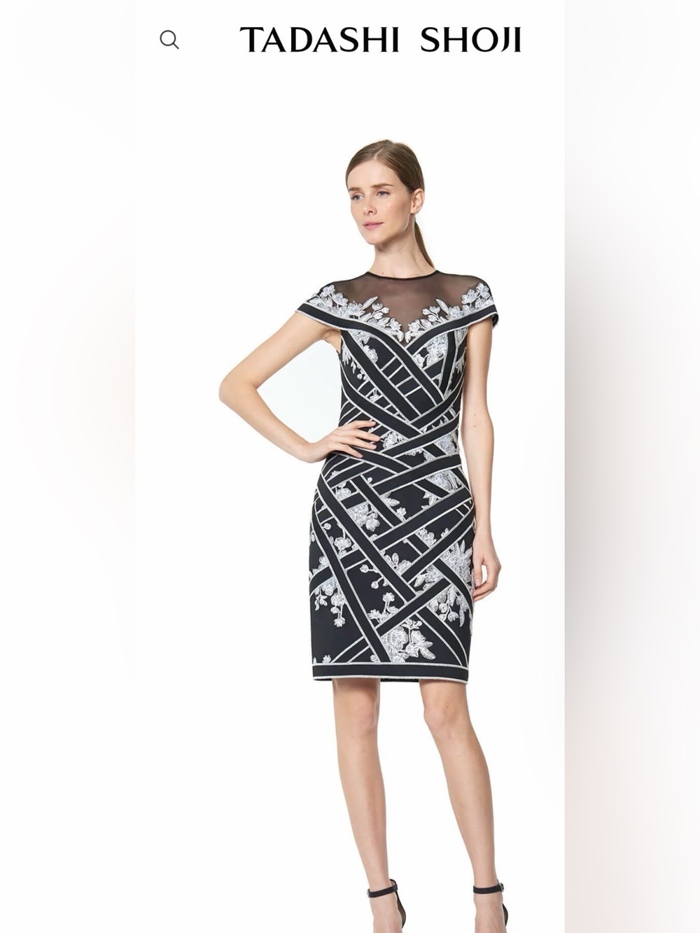 TADASHI SHOJI Abiko dress Black and White silver embroidered size 4